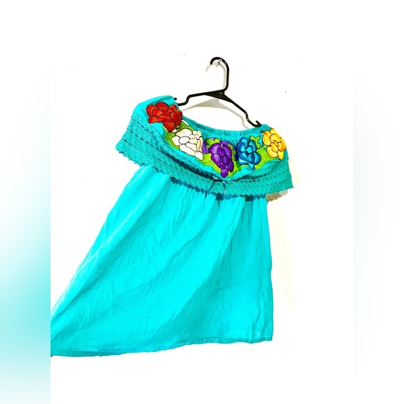 Embroidered Teal Mexican Style Sleeveless Off Shoulder Blouse Women's Size Med - Picture 4 of 8